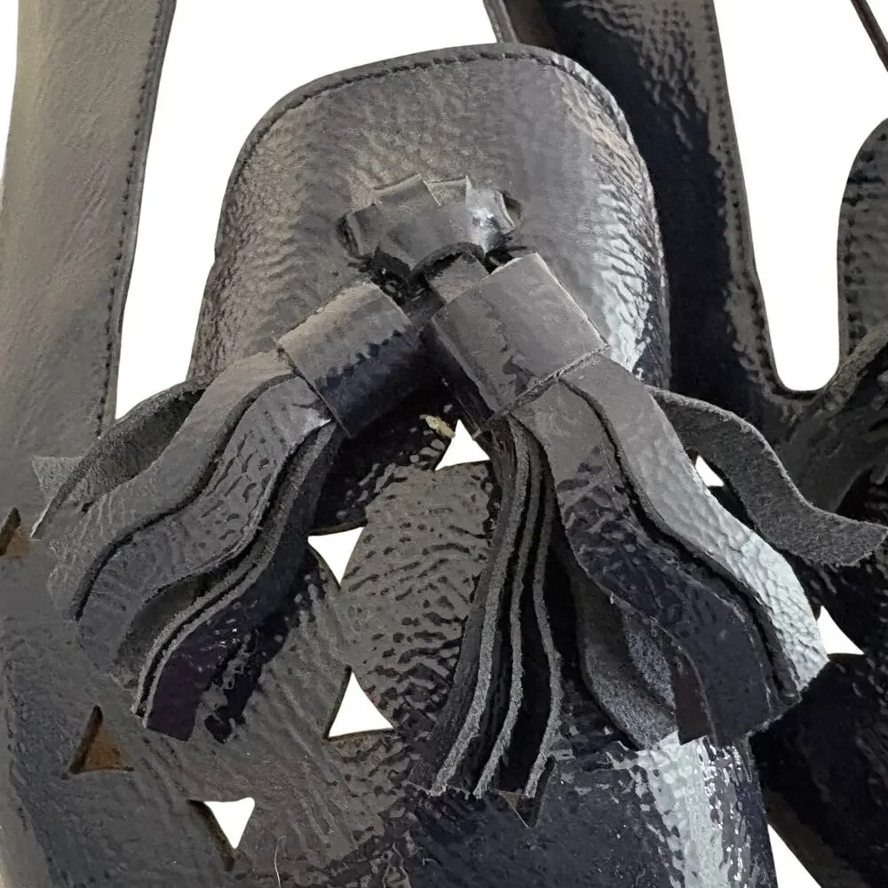 Wonders Spain Textured Laser Cut Patent Leather Tasseled Wedge Loafers Navy Blue